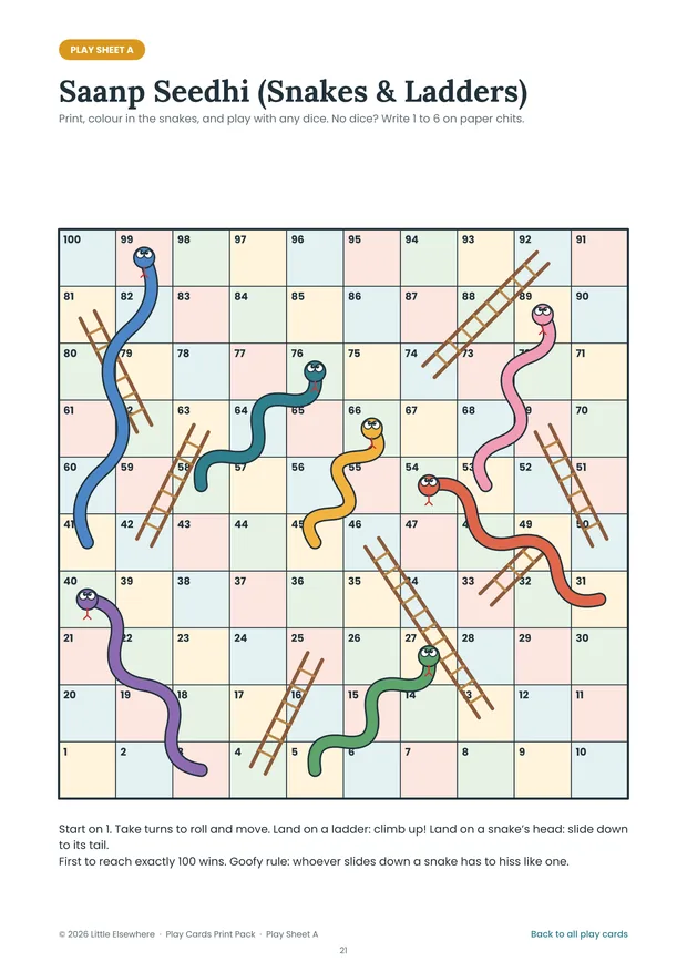 Play Cards Print Pack: Play sheet: the Saanp Seedhi board
