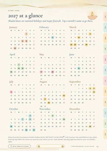 2027 at a glance, with India's holidays shaded