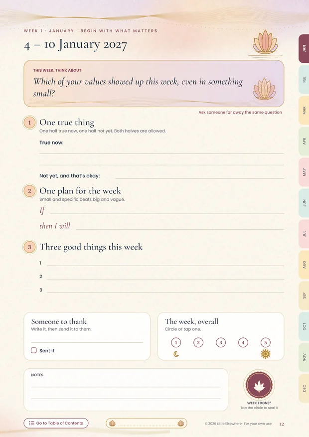 The Believable Year 2027: A weekly page, sealed with a tap when the week is done