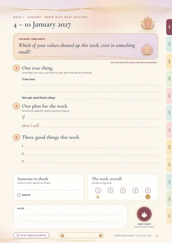 A weekly page with the week's question and one true thing