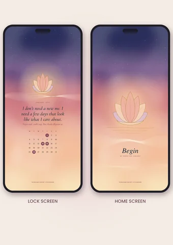 January's two wallpapers: a lock screen with the month's line and calendar, and a quieter home screen with one word