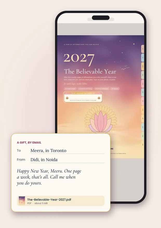 The book open on a phone, with an example gift note: to Meera in Toronto, from Didi in Noida